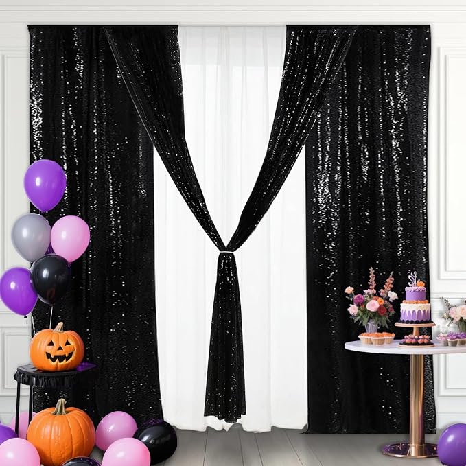 Eternal Beauty Black Sequin Backdrop Curtains, 4 Panels 2x8FT | 3mm Sparkle - Image 2