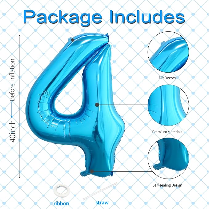 40 Inch Blue Number 4 Balloon, Giant Number Balloons, Birthday Decorations | - Image 3