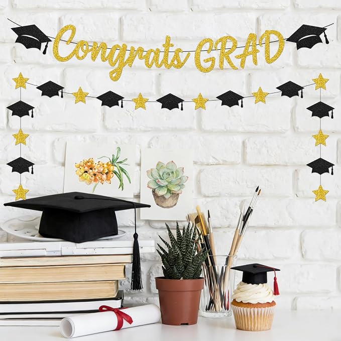 Black and Gold Graduation Banner 2026, Glitter Black and Gold Congrats Grad - Image 4