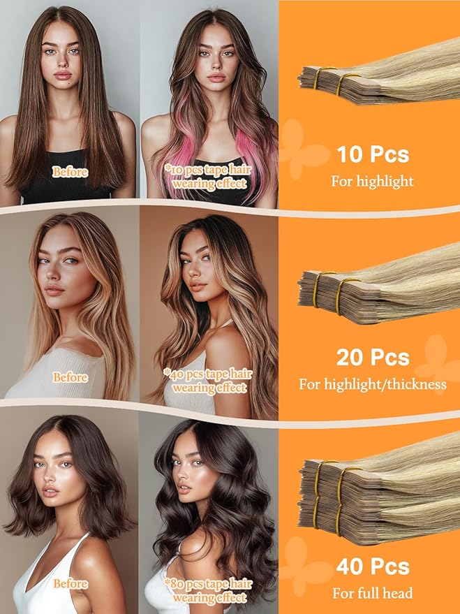 DOORES Hair Extensions Tape in Human Hair, Light Blonde Highlighted Golden Blonde 20 Inch 40pcs 100g, Tape in Hair Extensions Reamy Straight Hair Natural Hair