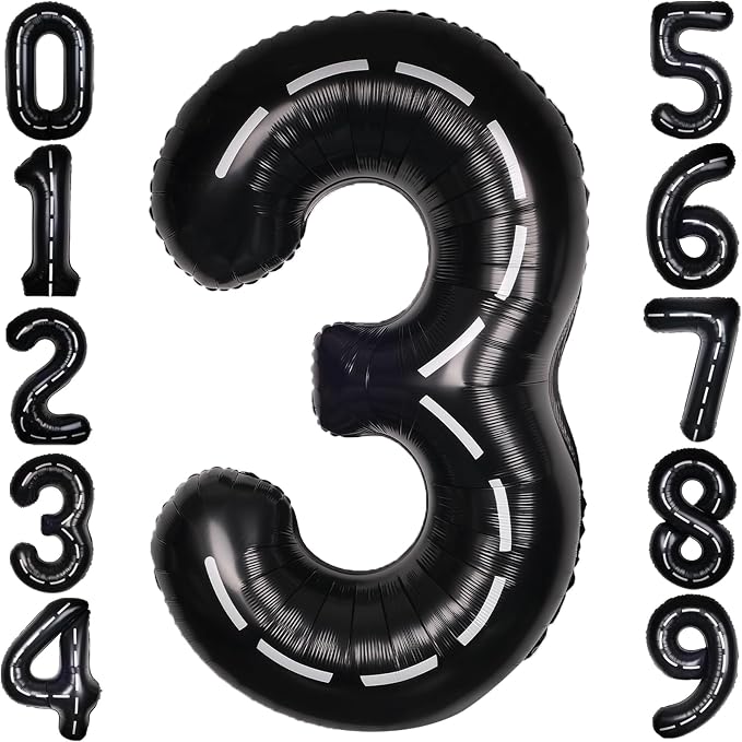 Race Car 40 Inch Black 3 Big Large Helium Balloon Number 0-9 | Track Giant by SULALABOO