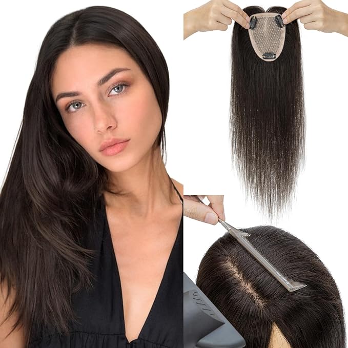 Hairro Human Hair Toppers Free Parted, 3.5x4.7" Base Hand-wovened 100% Real Hairpieces, with Invisible Clips-in for Women, for High Hairline/Adding Volume on Top, 14 Inch Light Natural Black