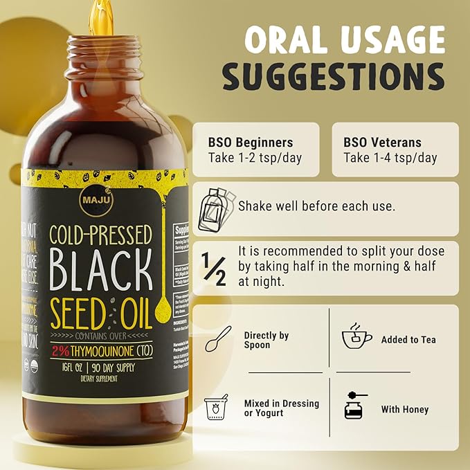 MAJU's Black Seed Oil 16oz: 3X Thymoquinone, Cold Pressed, 100% Turkish Black Cumin Nigella Sativa Seed Oil (Better Than Organic), Non-GMO, 100% Liquid Pure Blackseed, Glass Bottle