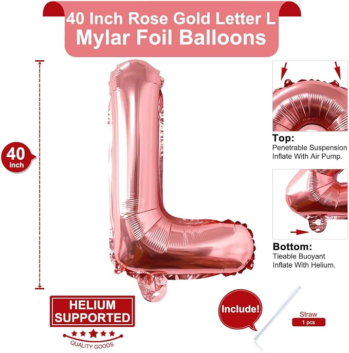 Lovoir 40 Inch Large Rose Gold Letter L Balloons Big Size Jumbo Mylar Foil - Image 2