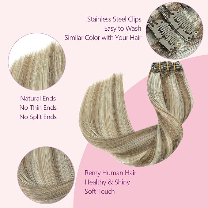 PINKPEARL Clip in Hair Extensions Straight Human Hair #8P60 Ash Brown Highlighted Platinum Blonde Clip in Extensions Remy Real Human Hair Extensions 7pcs 120g 14 Inch(#8P60-14)