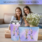 Personalized Gifts Monogrammed Birthday Gifts for Women, New Mom, Grandma Thank You Christmas, Initial 20 oz Tumbler, Makeup Cosmetic Bag Cup Pens Journal Notebook 6 Set, (Aesthetic Purple Flower R)