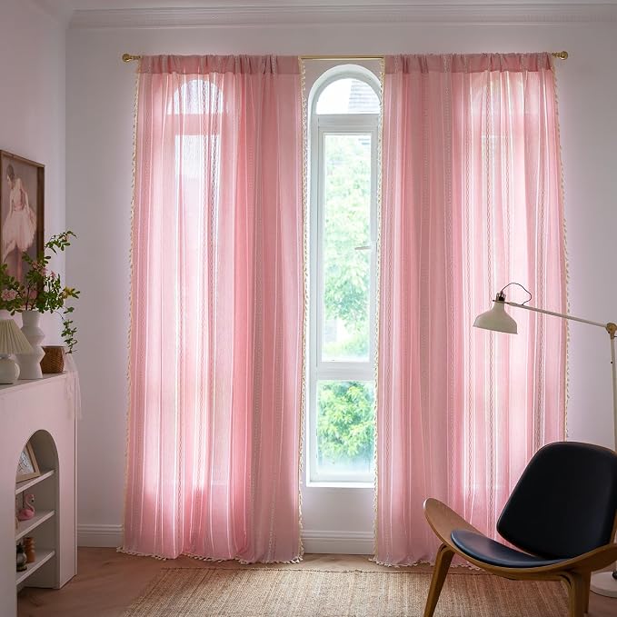 Linen Boho Pink Embroidered Curtains - Image 8