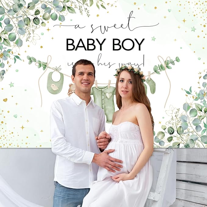 InMemory Sage Green Baby Shower Backdrop Oh Baby Clothes Welcome Newborn Party - Image 3