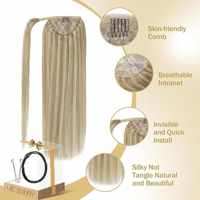 Ve Sunny Hair Extensions Ponytail Real Human Hair Wrap Around Clip in Ponytail Hair Extensions Straight Extensions Human Hair for Women Light Brown 16inch 80G