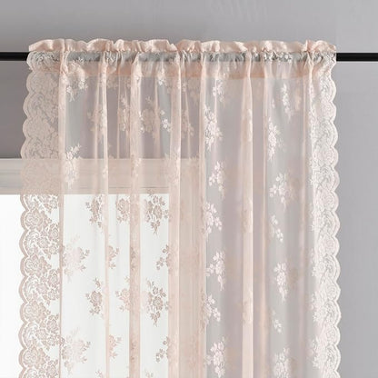 Kotile Blush Pink Floral Lace Curtains - Image 4