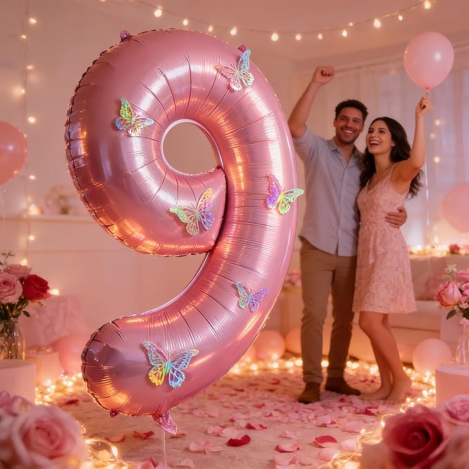 40 Inch Number Balloon Pink Large Mylar Foil Pink Number Balloons and Butterfly - Image 7