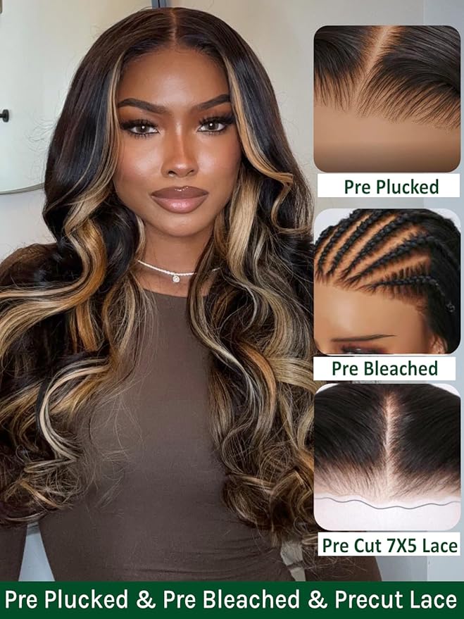 KLAIYI Ombre Highlight Blonde Loose Body Wave Bye Bye Knots Glueless Wigs Human Hair 7x5 Precut Lace Front Pre Plucked Bleached Ready to Wear Go Wig with Face Framing Curtain Bang Caramel Brown 24Inch