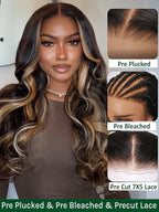 KLAIYI Ombre Highlight Blonde Loose Body Wave Bye Bye Knots Glueless Wigs Human Hair 7x5 Precut Lace Front Pre Plucked Bleached Ready to Wear Go Wig with Face Framing Curtain Bang Caramel Brown 18Inch