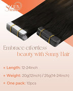 Sunny Hair Tape in Hair Extensions Real Human Hair Invisible Remy Hair Extensions Tape ins for Women Natural Black Ombre Dark Brown Balayage Ash Blonde 16 inch 25G
