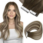 Sunny Hair Tape in Hair Extensions Human Hair,Balayage Brown with Blonde Hair Extensions Tape in 16 Inch Real Human Hair Tape in Extensions 40Pcs 100g