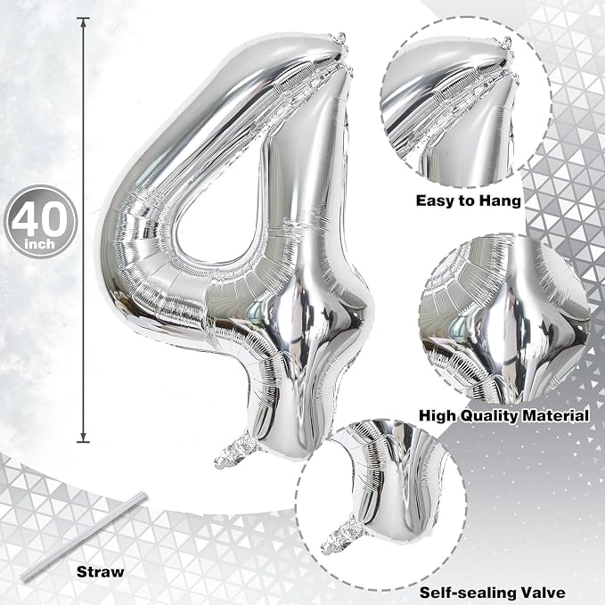 40 Balloons Silver, Giant Number 4 & 0 Helium Foil Balloon - Image 2