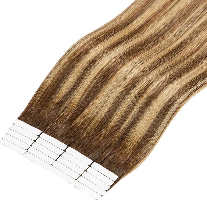 Lacer Tape in Hair Extensions Real Human Hair Chocolate Brown to Strawberry Blonde Highlights with Chocolate Brown Roots Human Hair Tape in Extensions 20pcs 50g 14 Inch
