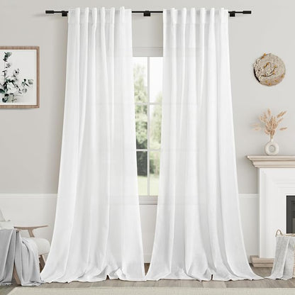 White Linen Curtains 108 Inches Long 2 Panels Set Back Tab Rod Pocket Semi by Nanspring