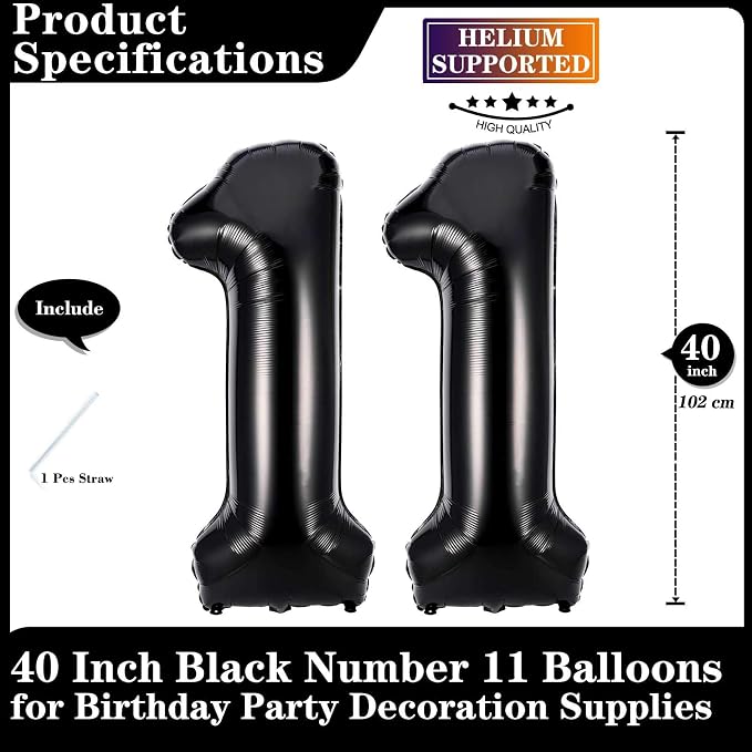 Black 11 Number Balloons, 40 Inch Giant Number 11 Balloons Foil Mylar Helium - Image 2