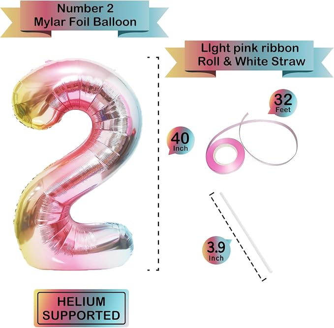 40 Inch Giant Rainbow Number 2 Balloons, Birthday Balloons, Helium Mylar Foil - Image 2