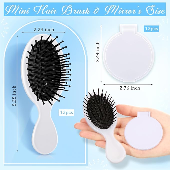 Meanplan 24 Pcs Mini Hair Brush Set 12 Travel Wet Dry Hair Combs Pocket Detangling 12 Compact Folding Makeup Mirrors for Spa Sleepover Birthday Bridal Shower Bachelorette Christmas Party Gift(White)