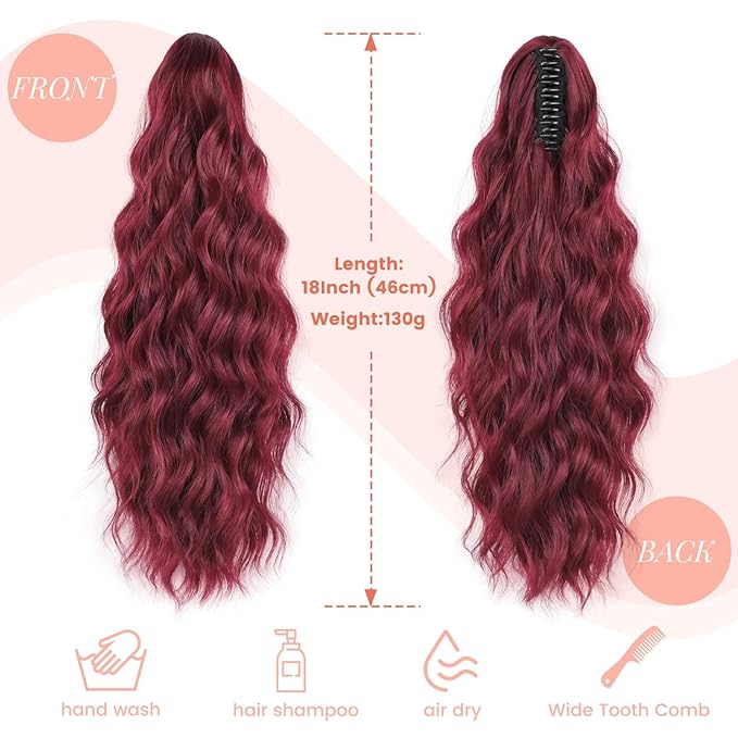 Ponytail Extension, 18 Inch Claw Clip Ponytail Extensions Wavy Ponytail Hair Extension for Women Fluffy Natural Synthetic Jaw Clip on Pony Tails Hairpiece for Daily Use (Wine Red)