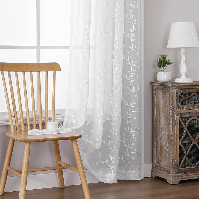 White Sheer Curtains Leaf Embroidery Linen 96 Inches Long | Light Filtering - Image 5