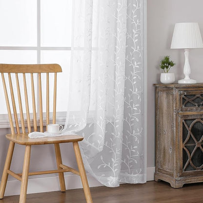 White Sheer Curtains Leaf Embroidery Linen 96 Inches Long | Light Filtering - Image 5