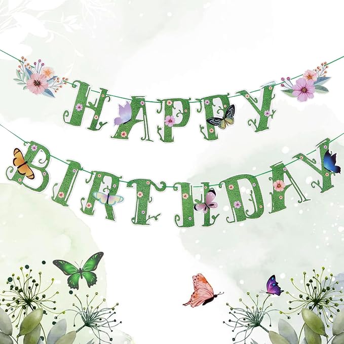 SUNBEAUTY Wildflower Happy Birthday Banner Green Spring Butterfly Flowers Party by SUNBEAUTY