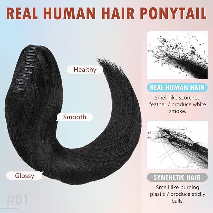 Hairro Claw Clip Ponytail Extension Human Hair Clip In Ponytail Jaw/Claw Jaw On Pony Tail Hairpieces For Women 16 Inch 105g #01 Dark Black