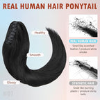 Hairro Claw Clip In Ponytails Extensions Jaw On Real Hair Ponytail Long Jaw/Claw Pony Tail With Clips Hairpieces For Women 20 Inch 120g #01 Dark Black