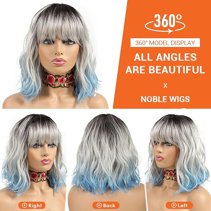 NOBLE Blue Wig with Bangs 12 Inches Short Bob Curly Wig Blue Wigs for Women Colorful Wavy Bob Wigs with Air Bangs Heat Resistant Synthetic Silver Blue Halloween Wigs for Cosplay Party