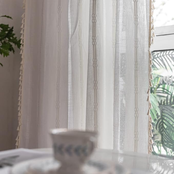 Boho Curtains Embroidery Linen Curtains 108 Inches Long 2 Pannels - Image 3
