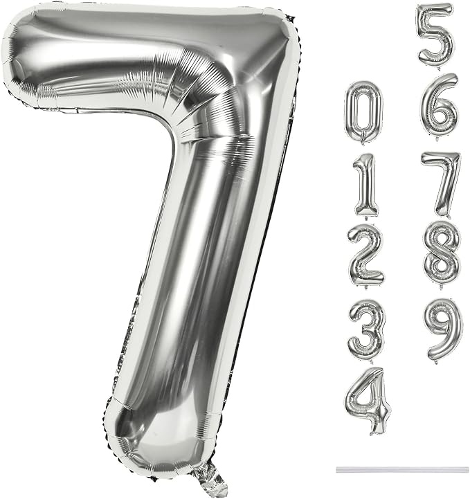 40'' Silver Number 7 Balloons, Self Inflating Foil Number Balloons Set 0-9 by Lingqiang