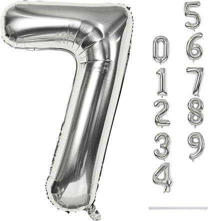 40'' Silver Number 7 Balloons, Self Inflating Foil Number Balloons Set 0-9 by Lingqiang