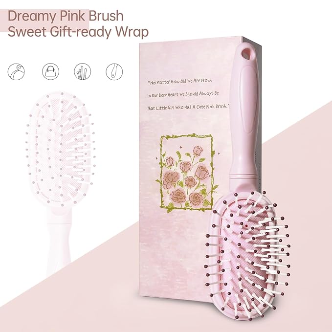 Mini Hair Brush for Little Girls, Small Hair Detangling Paddle for Pain-free Brushing, Little Cute Detangler for Kids on All Hair Types, Pink, 1 Pack