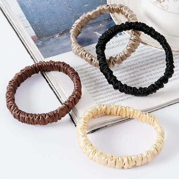 19Momme Silk Scrunchie Thick Hair Ties for Curly Hair, No Slip Hair Bands for Women, Vintage Satin Hair Accessories (XFQ-4BCCA)