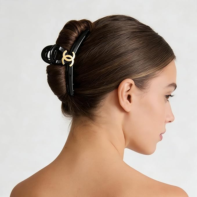 Shiny Black Large Hair Claw Clip with Gold Accent – Shatterproof & Long-Lasting Trendy Women’s Hair Styling Accessory