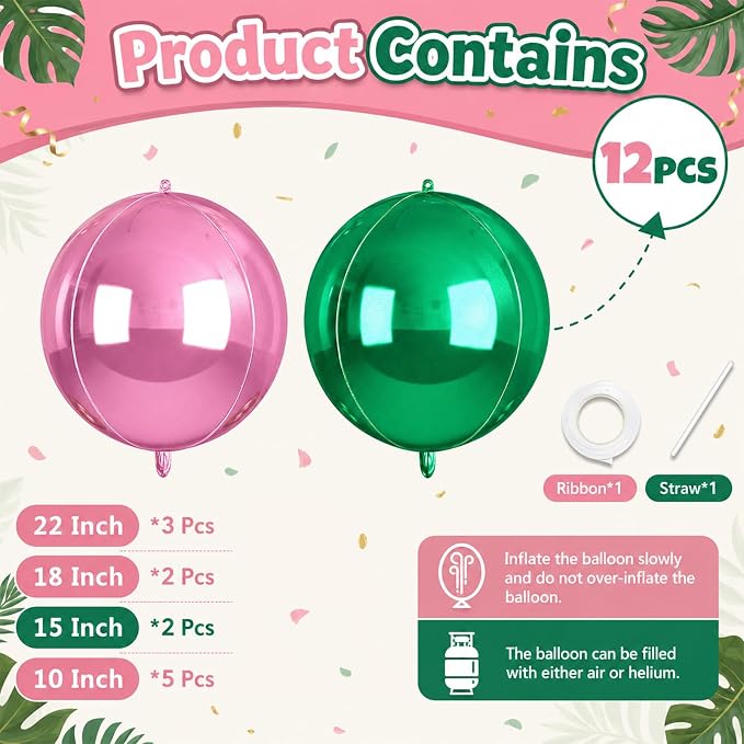 12Pcs Green and Pink Round Balloons Foil, Big Pink Metallic Balloons - Image 2