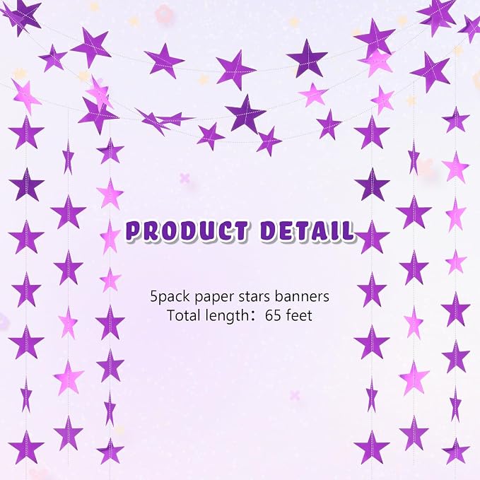 Spakon 65 Feet Glitter Star Paper Garland Banner Hanging Decoration Star - Image 3