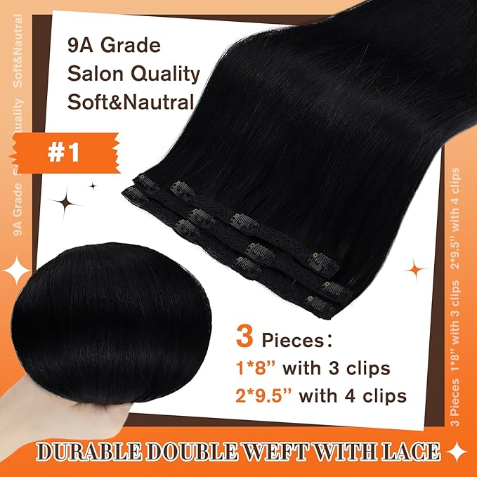 Full Shine Short Hair Extension Clip ins Lace Weft Black Hair Clip in Extensions Straight Natural Hair for Short Ease of Use 3 Pcs 60 Grams 10 Inch