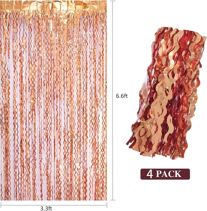 4 Pack 3.3x6.6ft Wavy Orange Foil Fringe Backdrop Curtains -Tinsel Streamers - Image 5