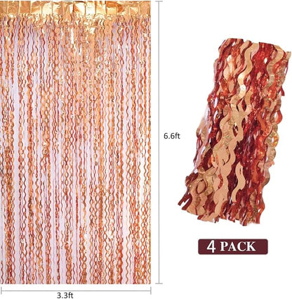 4 Pack 3.3x6.6ft Wavy Orange Foil Fringe Backdrop Curtains -Tinsel Streamers - Image 5