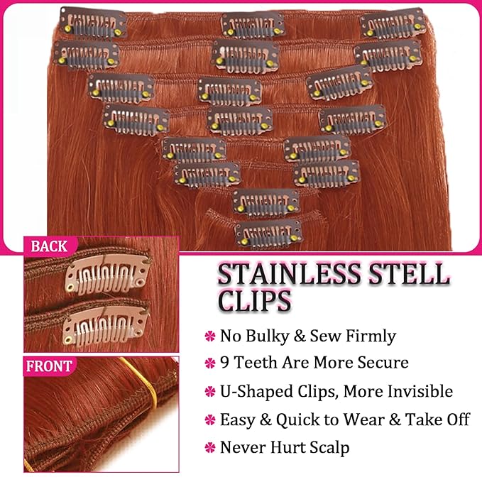 Hair Extensions Real Human Hair Copper Hair Extensions Clip Ins 110g 16inch 8pcs Colorful Soft Silky Clip in Extensions Natural & Soft Long Hair Clip Ins for Women, Can Be Styled Real Human Hair