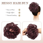 FESHFEN Messy Bun Hair Piece - Elastic Wavy Curly Hair Bun Scrunchies Extensions Synthetic Chignon Hairpieces for Women Girls, Wine Red 1.5 oz