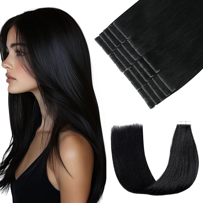 Pinkpearl Invisible Tape in Hair Extensions Human Hair, 20pcs 16inch 45g #1 Jet Black Injection Tape in Extensions Real Remy Straight Seamless Silky Human Hair Injected