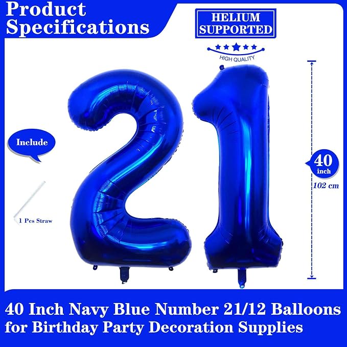 Navy Blue 21 Number Balloons, 40 Inch Giant Number 21 Balloons Foil Mylar - Image 2