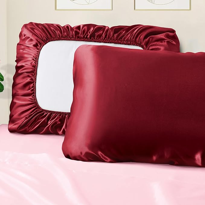 Manyshofu Satin Pillowcases for Hair Protection - 2Pcs Maroon Pillow Cases, Elastic Band Standard & Queen Satin Pillowcases Luxury Silky Pillow Cases Travel Pillow Covers, MSF2402010590
