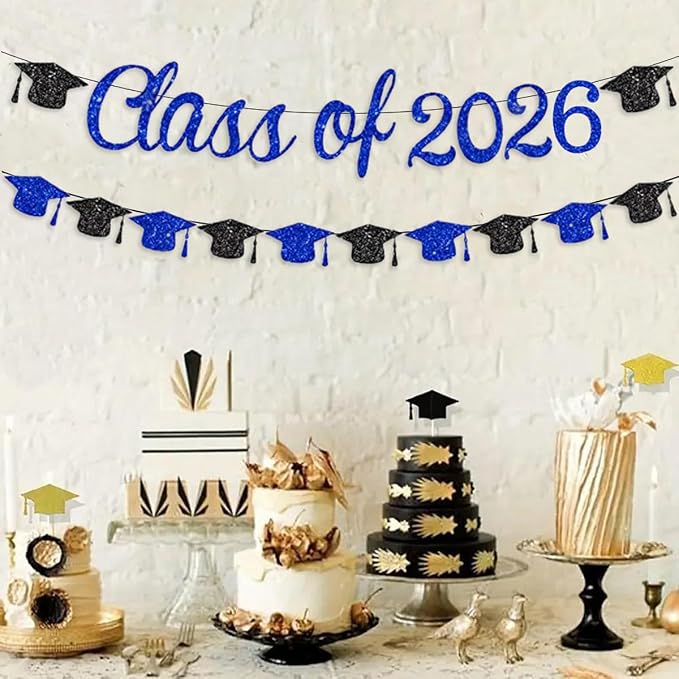 Class of 2026 Banner Graduation Decorations Class of 2026 Blue Glitter Congrats - Image 5