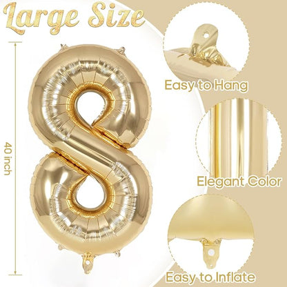 Champagne Gold Large Number 8 Balloon, 40 Inch Light Gold Foil Helium Number - Image 3